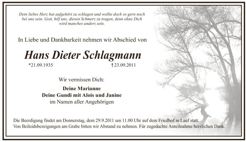  Traueranzeige für Hans Dieter Schlagmann vom 27.09.2011 aus Pegnitz-Zeitung